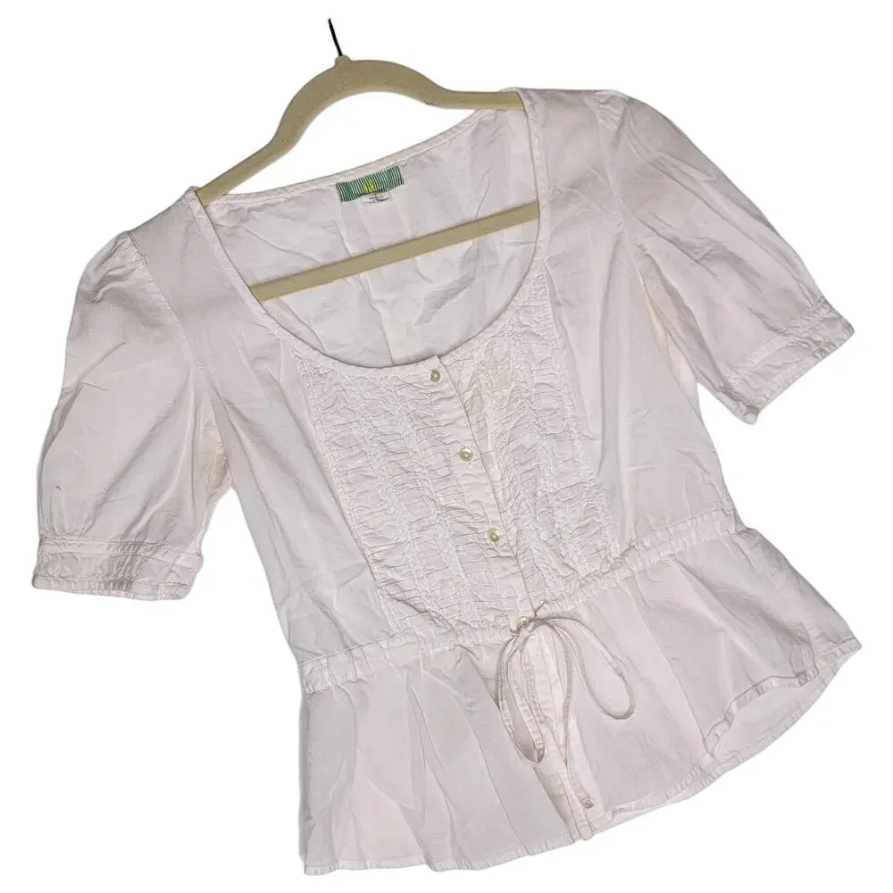 LIL Anthropologie Blouse Size 4 White Peasant Puff Sleeve Button Cottagecore Top
